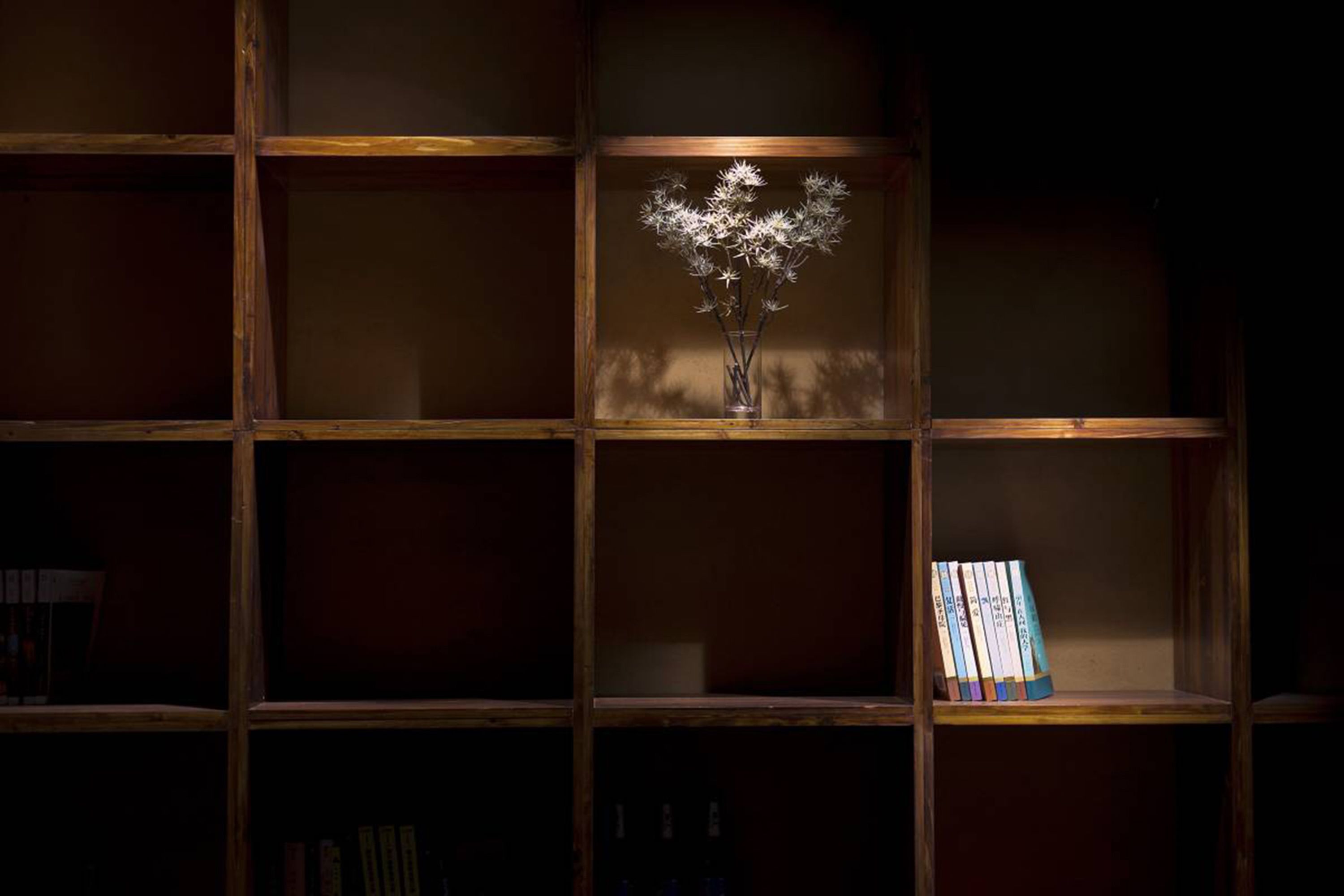 Une bibliothèque avec un vase de fleurs séchées et une pile de livres.