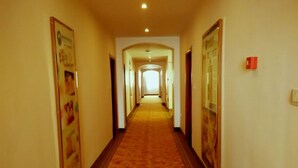 Un pasillo de hotel con suelo alfombrado, carteles enmarcados en las paredes y puertas que dan a las habitaciones.