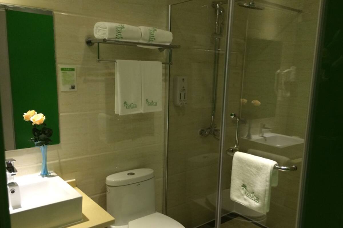Shower, free toiletries, hair dryer, slippers