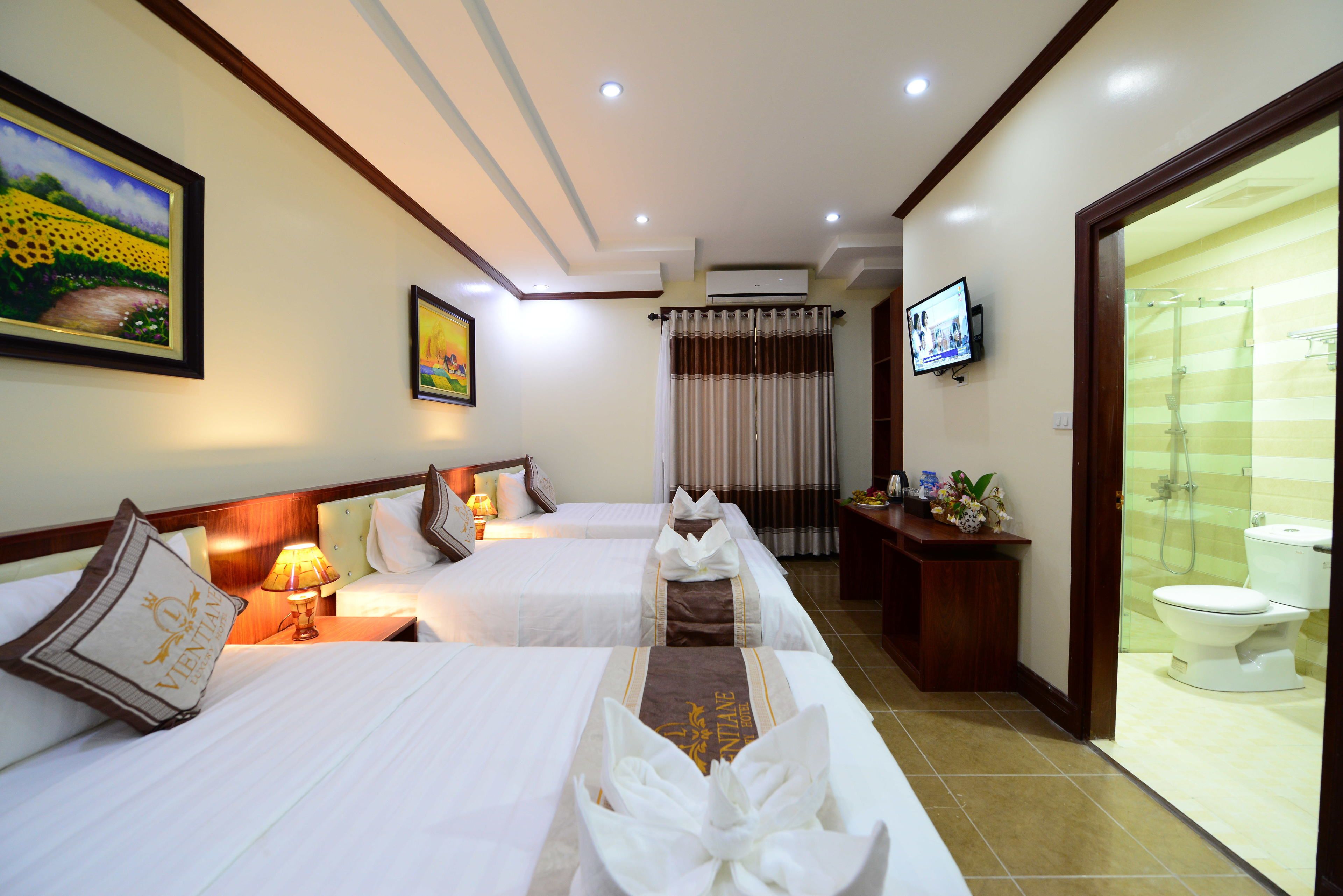 Habitación de hotel con dos camas, televisión, ducha y baño.