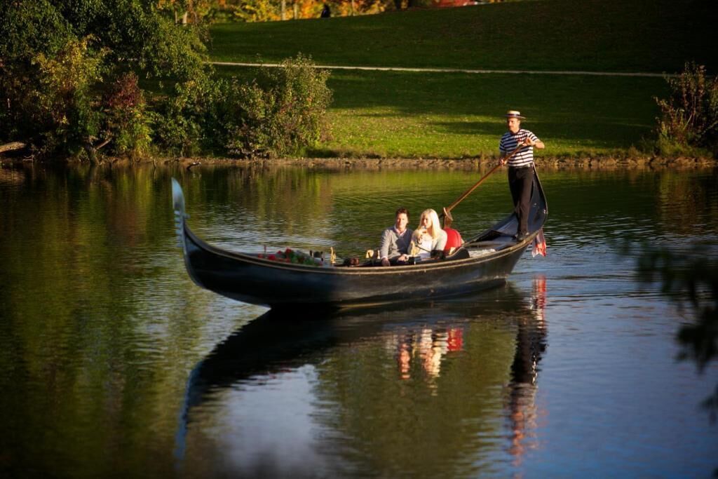 Eine Gondel mit Passagieren auf einem ruhigen See, umgeben von viel Grün.
