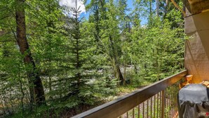 A wooden deck with a view of a forested area.