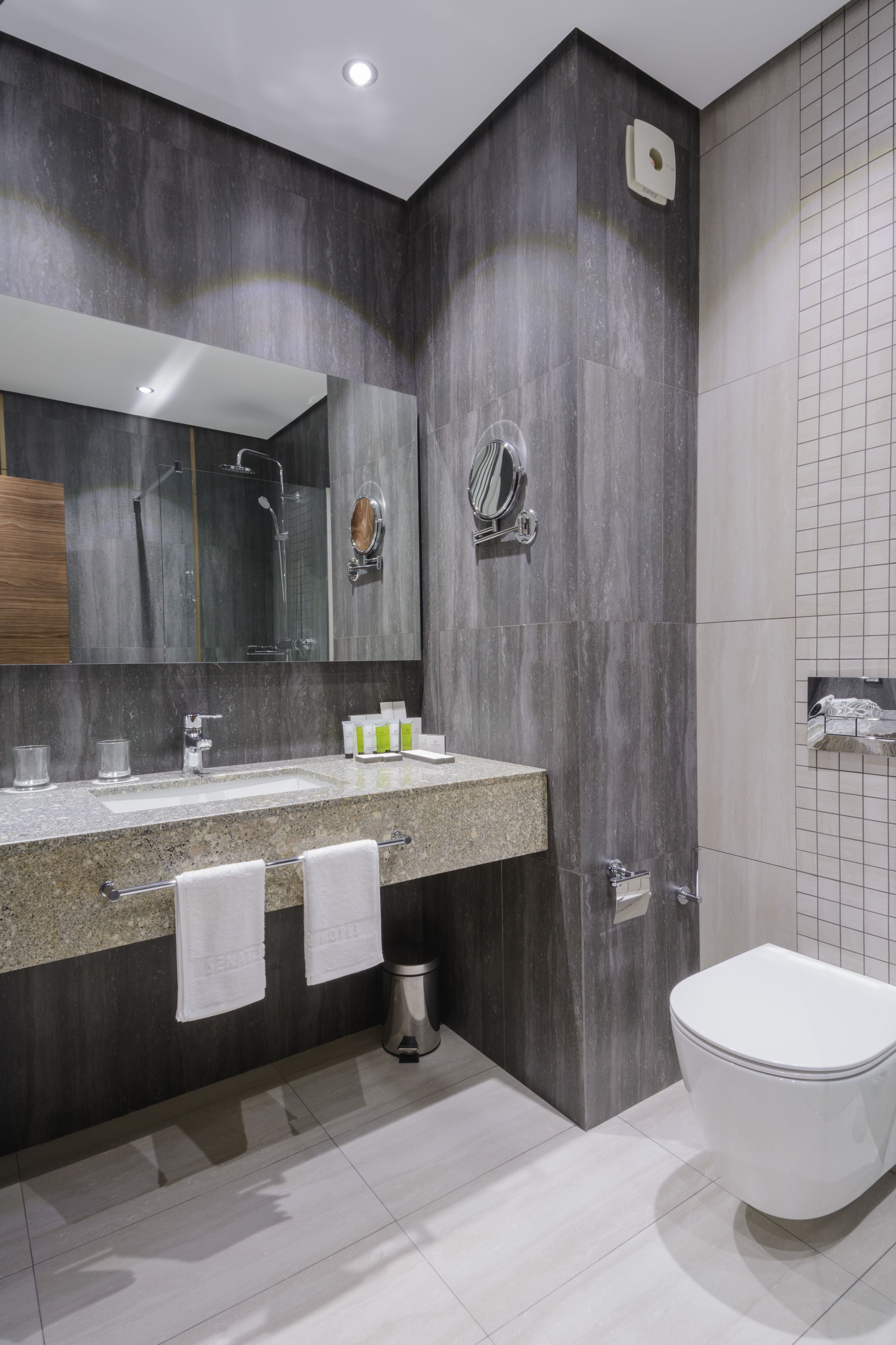 A modern bathroom with a granite countertop, a large mirror, a toilet, and a shower area.