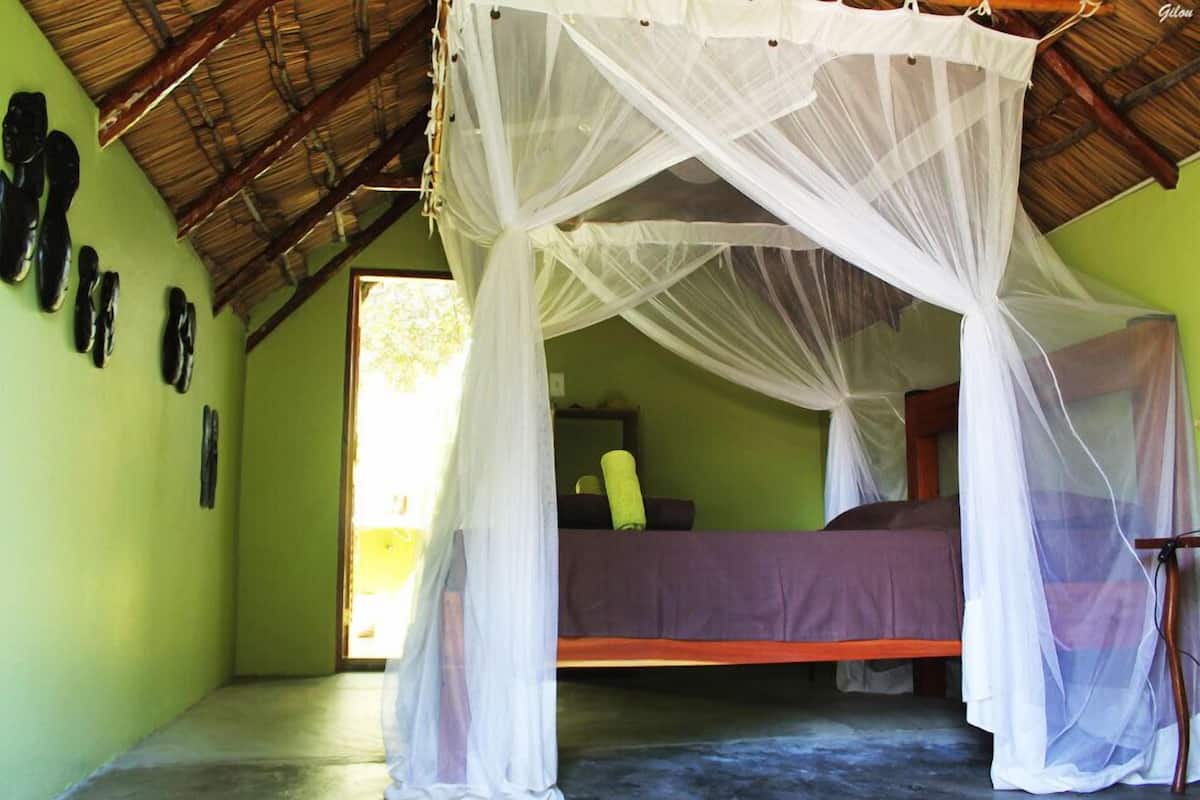 A room with a bed under a white canopy, green walls, and a thatched roof.