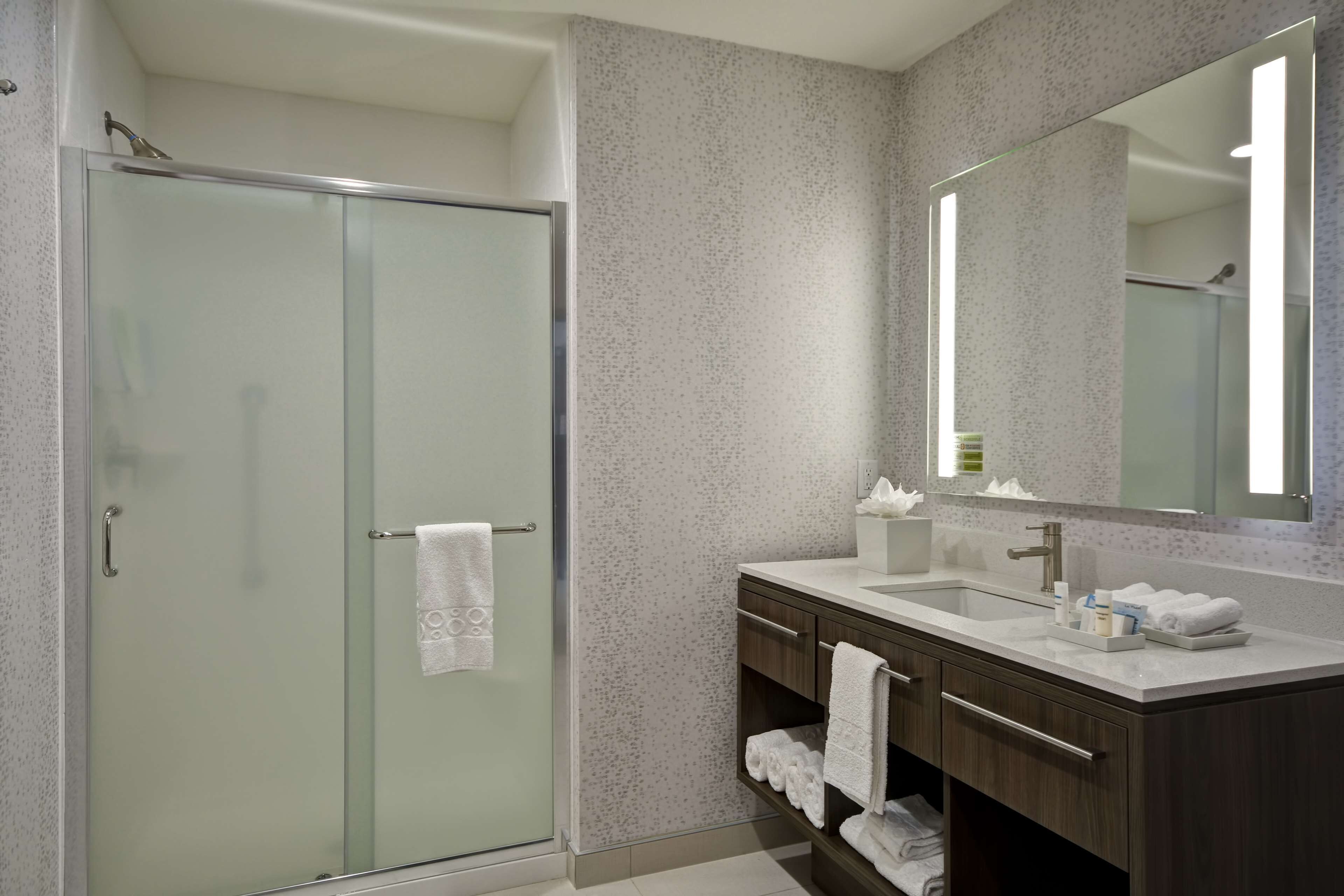 A modern bathroom with a glass-enclosed shower, a large mirror, and a vanity with a sink and towel rack.
