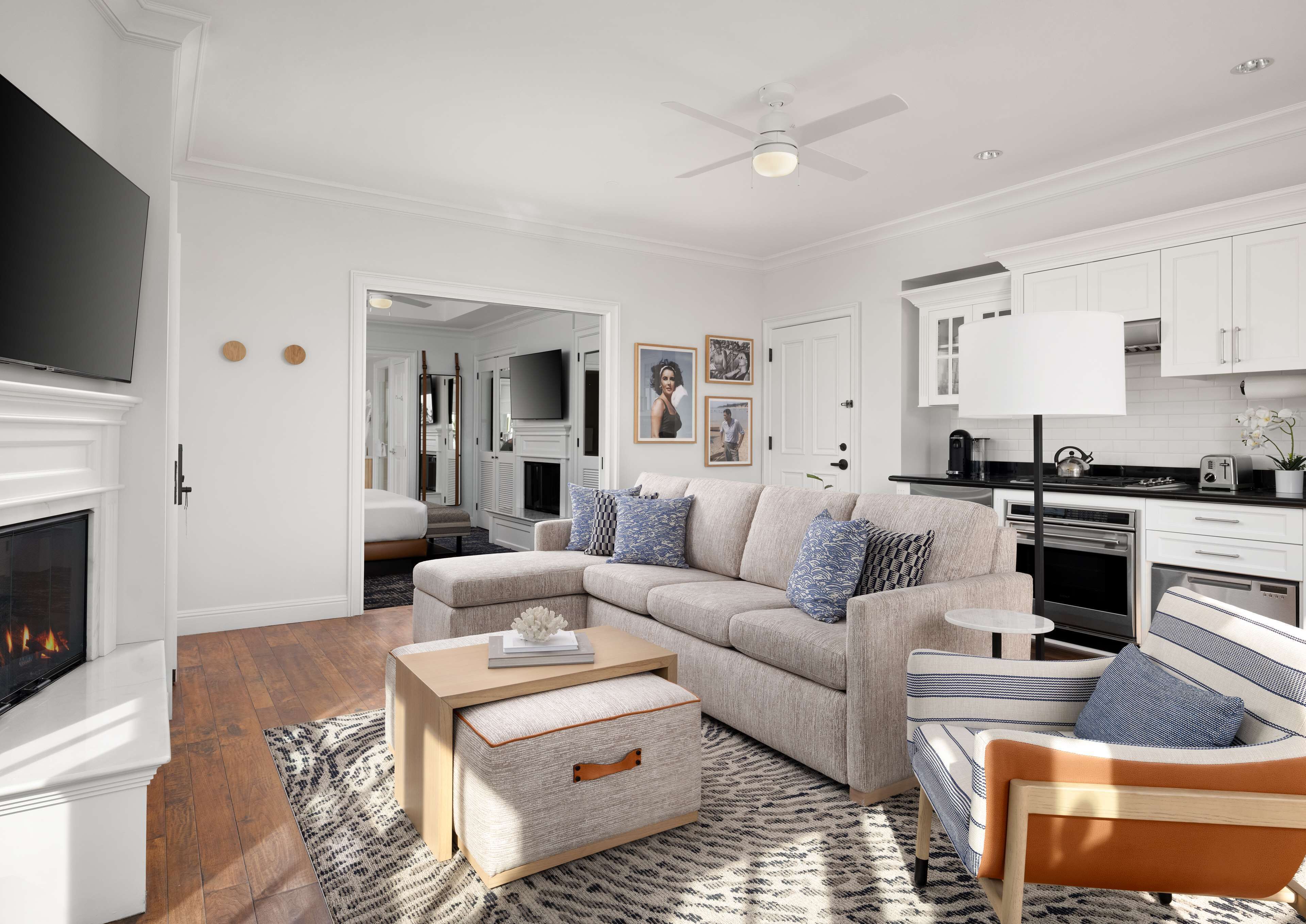 55-inch smart tv with cable channels, fireplace, netflix