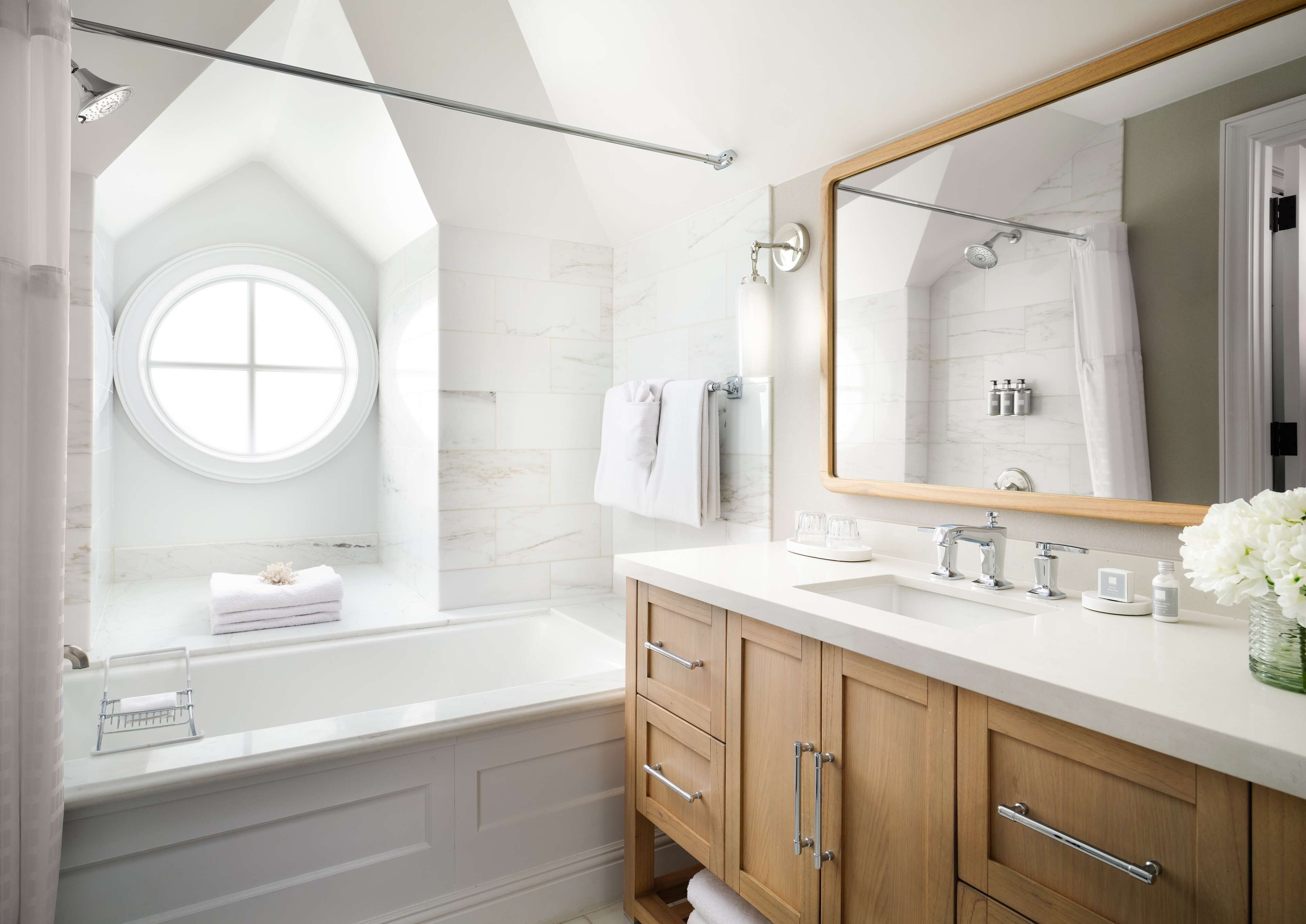 separate bathtub and shower, designer toiletries, hair dryer, bathrobes