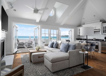 Oceanfront Horizon Cottage | Living area | 55-inch Smart TV with cable channels, fireplace, Netflix at Beach Village at The Del, LXR Hotels & Resorts