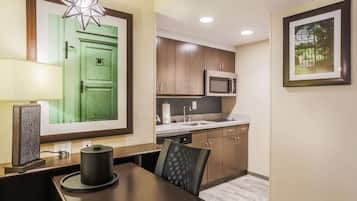 Premium bedding, desk, laptop workspace, blackout curtains