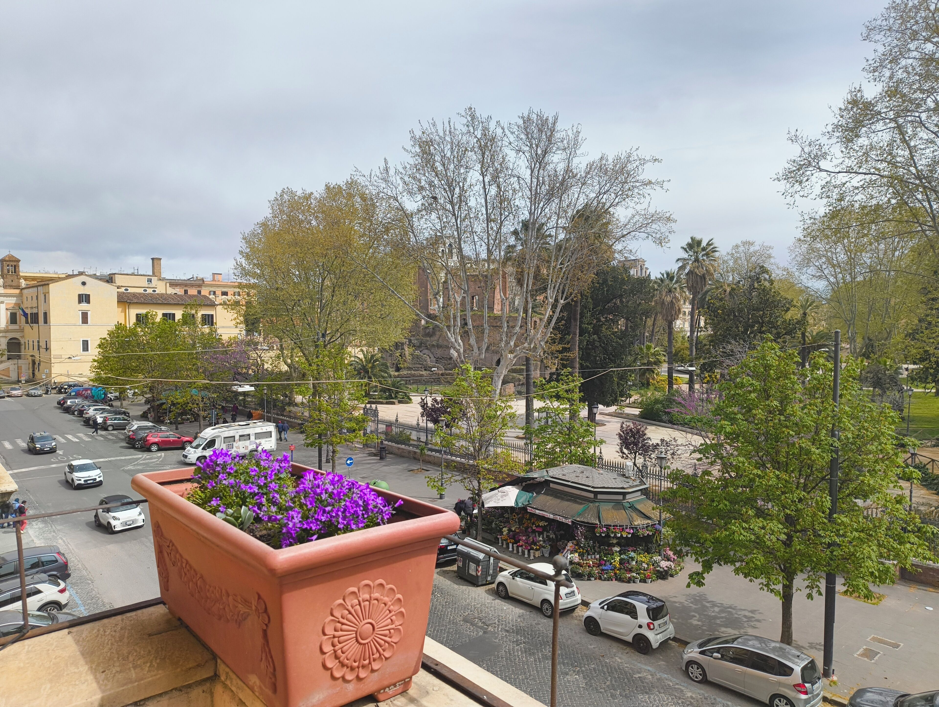Ein Balkon mit einem Blumentopf, Blick auf eine Straße mit parkenden Autos und ein Gebäude mit einem Glockenturm.