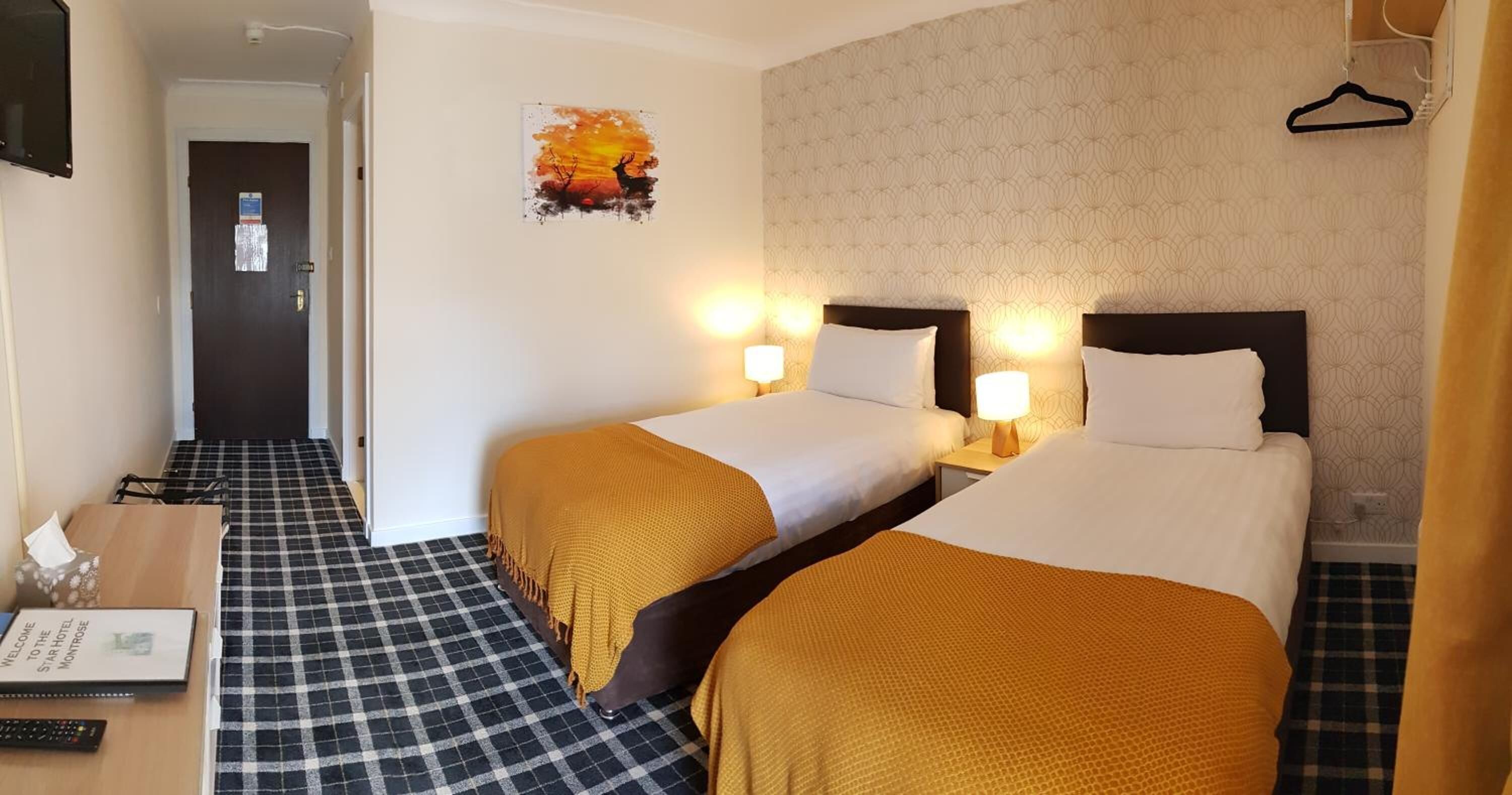 Desk, laptop workspace, blackout curtains, iron/ironing board