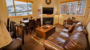 Una sala de estar acogedora con chimenea, televisor y un amplio ventanal con vistas a una montaña nevada.