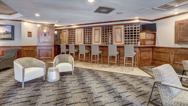 Un hall d’entrée avec un comptoir de réception, un espace bar et des sièges, le tout agrémenté d’une moquette à motifs.