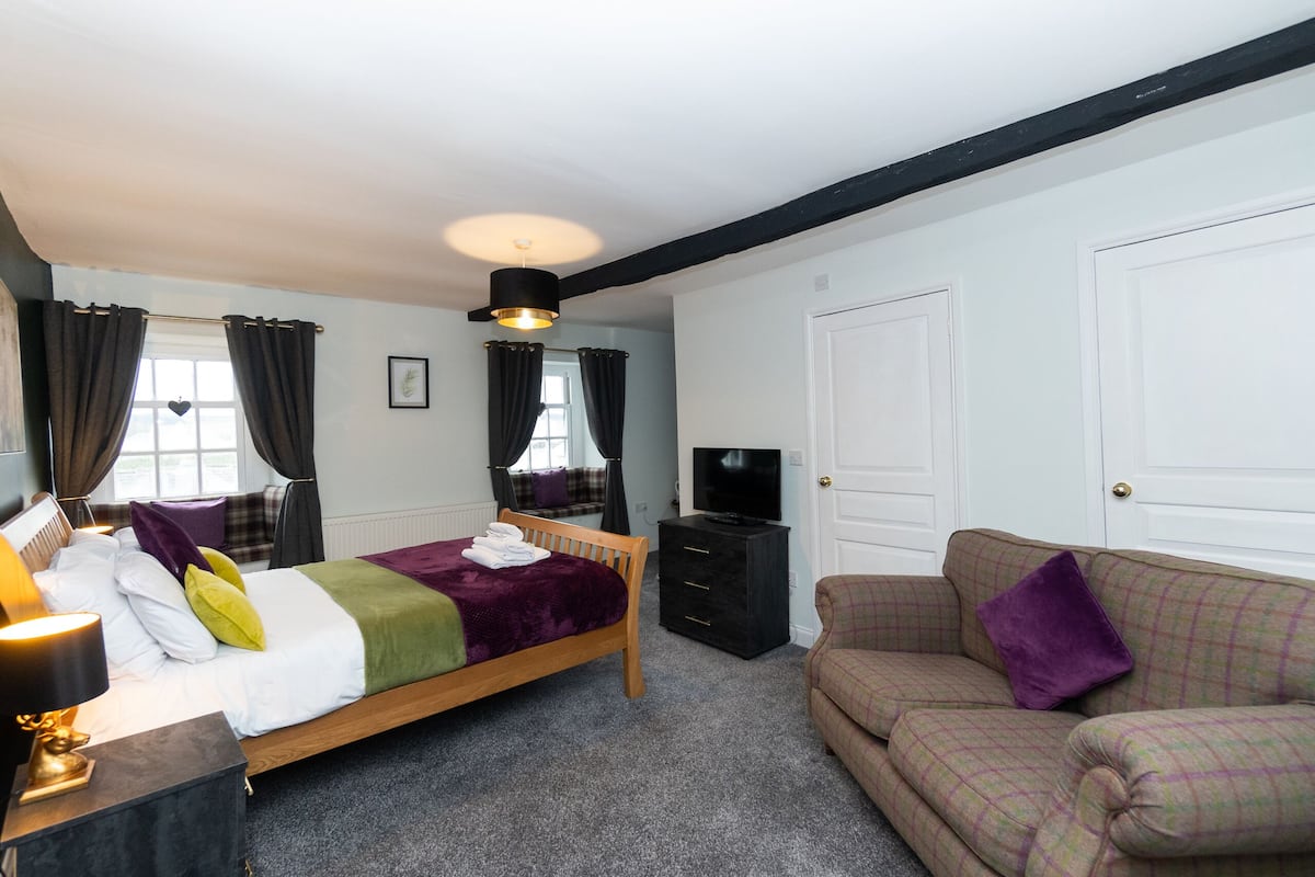 A bedroom with a bed, a TV, a sofa, and a dresser.