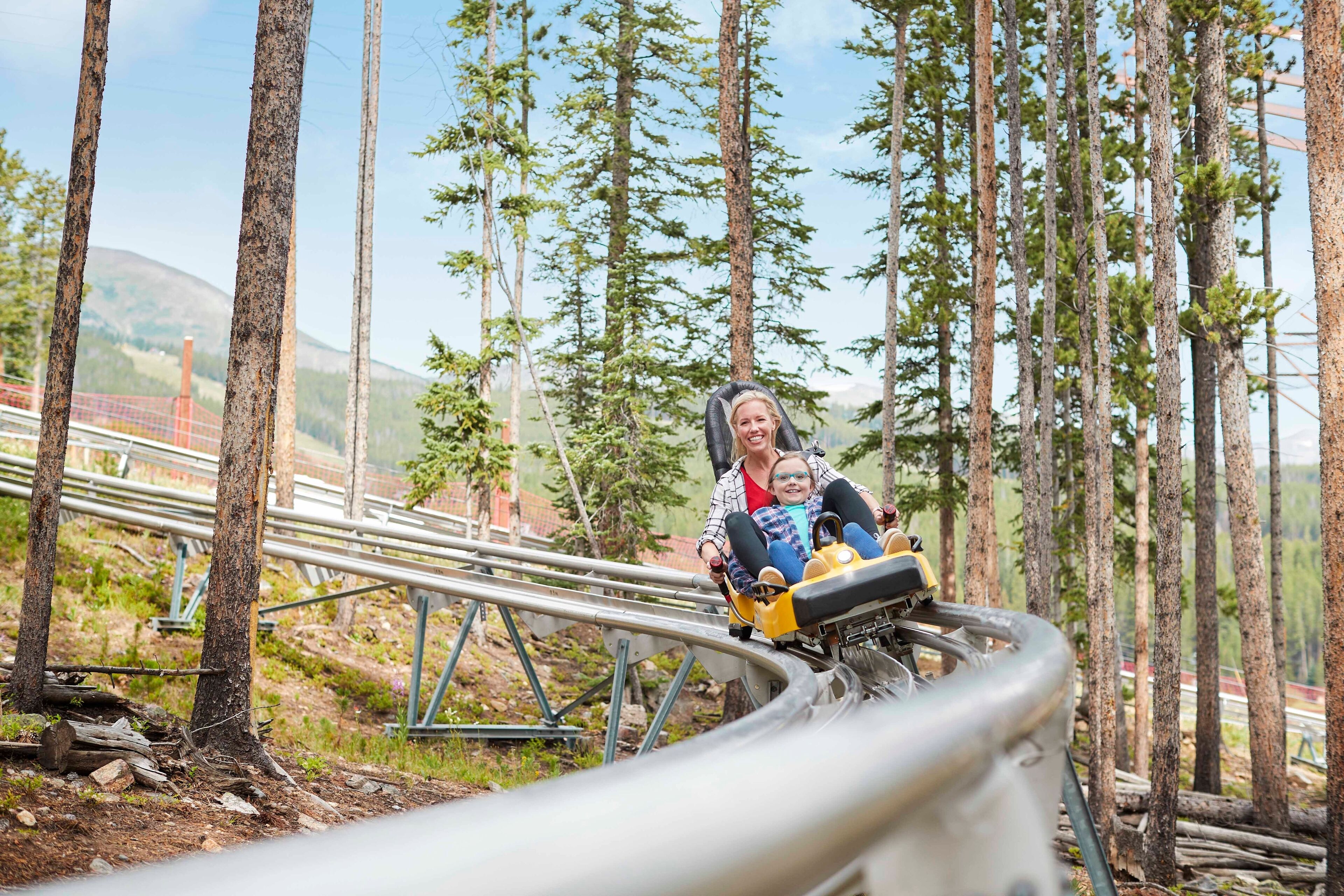 A roller coaster track surrounded by trees and a mountainous backdrop.