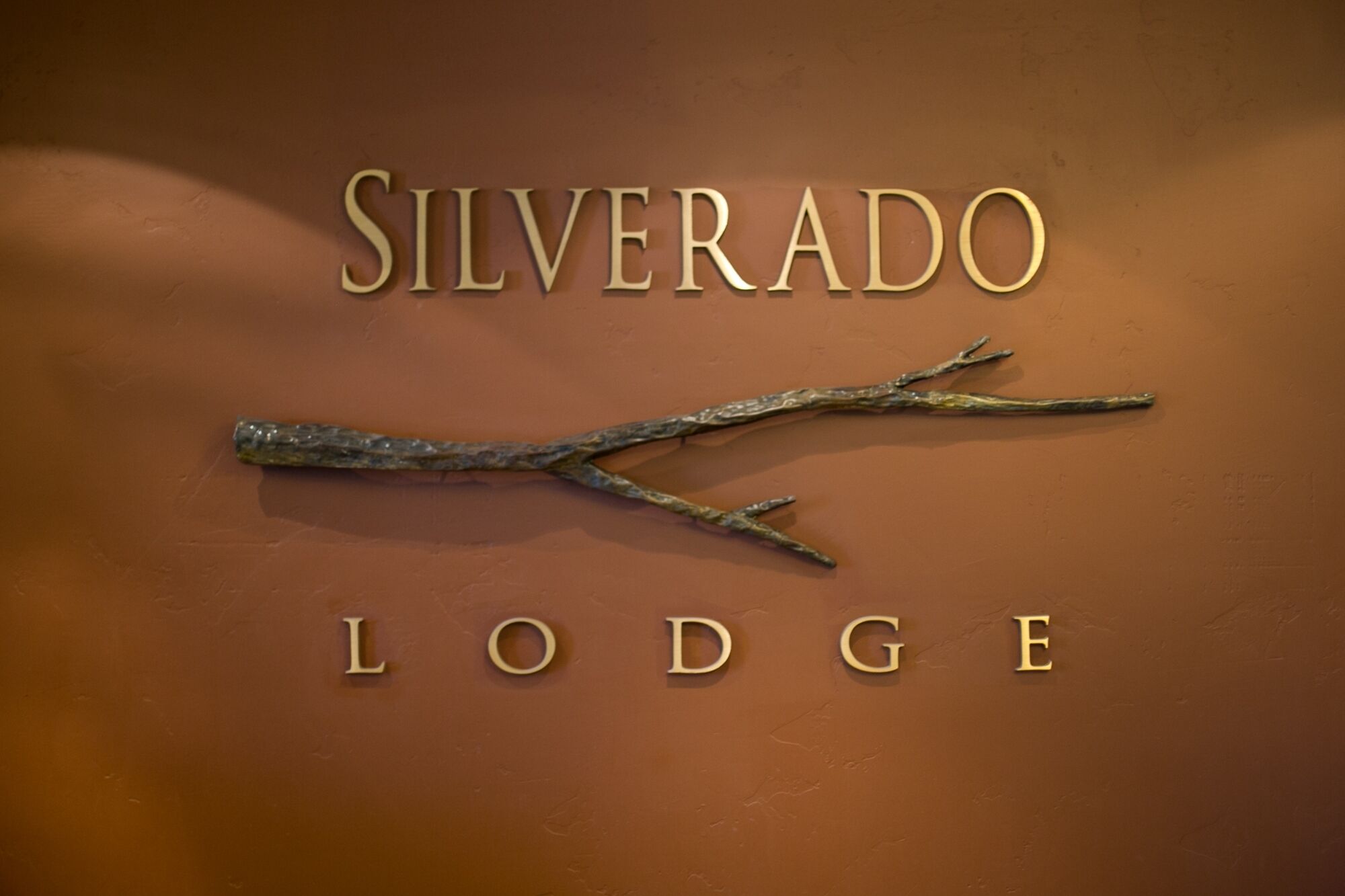 A sign with the words "SILVERADO LODGE" and a branch symbol.