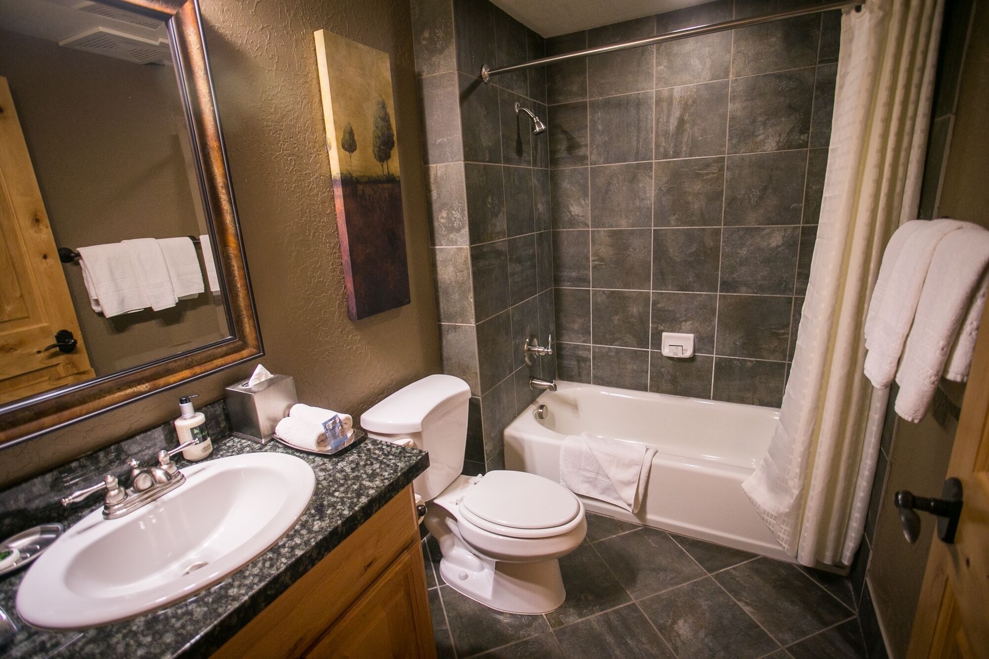 A bathroom with a sink, toilet, bathtub, and shower.