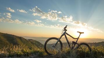 A mountain bike parked on a grassy hill with a sunset in the background.