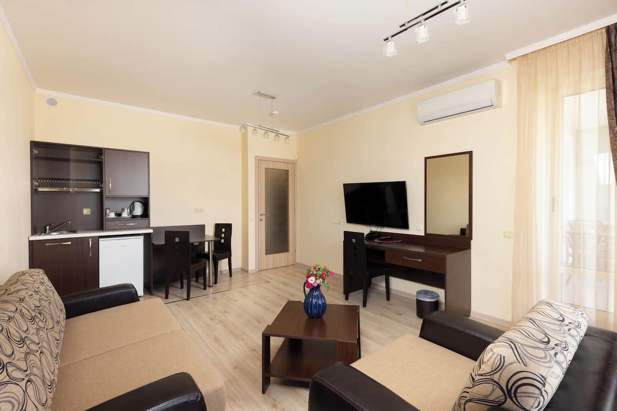 Un espacio habitable compacto con kitchenette, televisor de pantalla plana, sofá y mesa de centro.