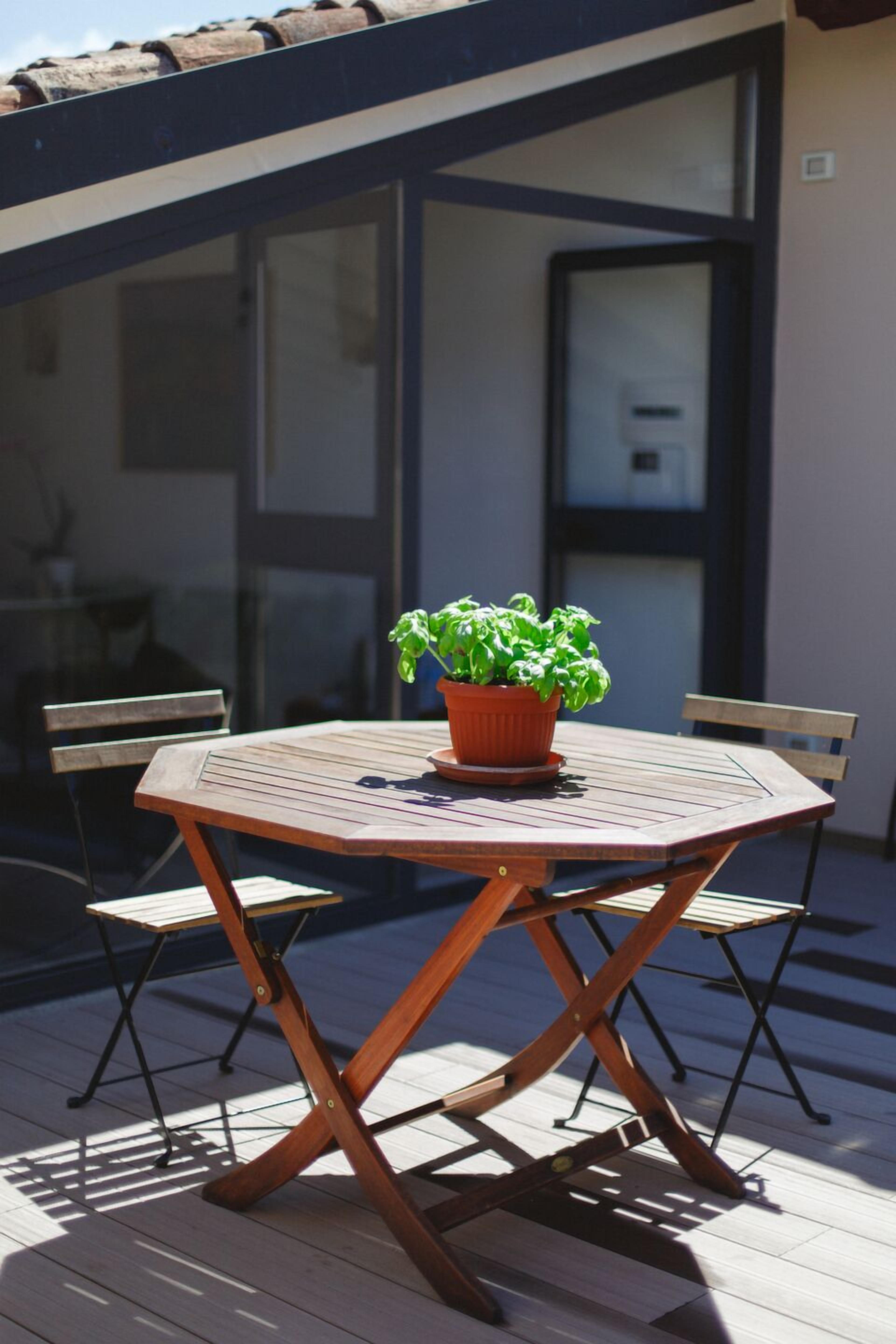 A round wooden table with a potted plant, two chairs, and a glass door in the background.