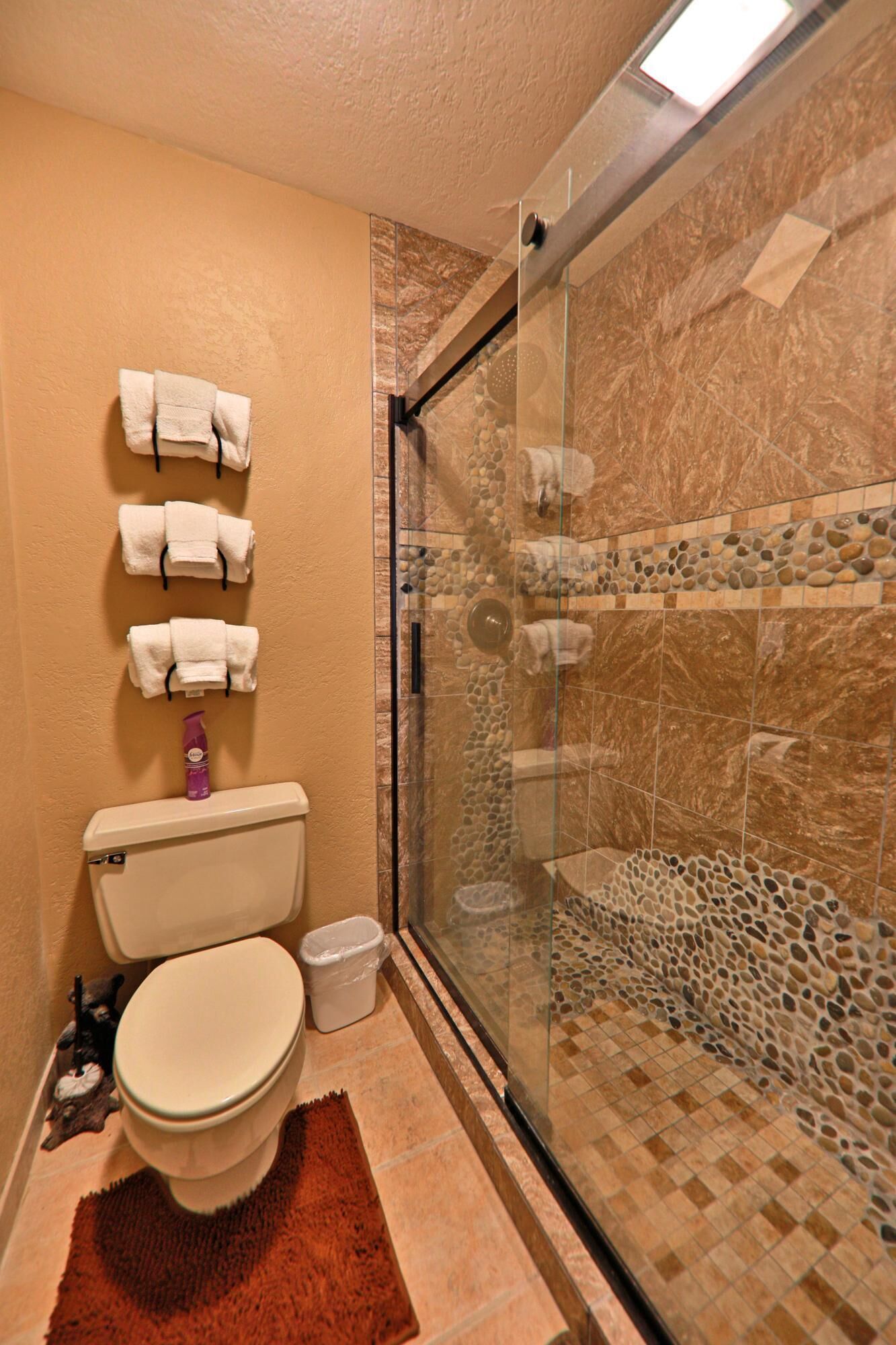Une salle de bain avec une douche à parois de verre, des toilettes et deux serviettes accrochées au mur.