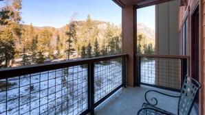 A balcony with a view of a snowy landscape and trees. - Springs 8831 (Keystone)