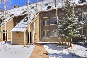 Stunning residential building with a central entrance and two windows, set amidst a serene winter landscape.