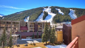 A modern building with large windows, a red roof, and a view of a snowy mountain.