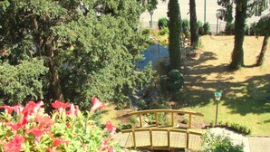 A garden with a wooden bridge, a pond, and various plants. - Hotel Krone (Alsfeld)