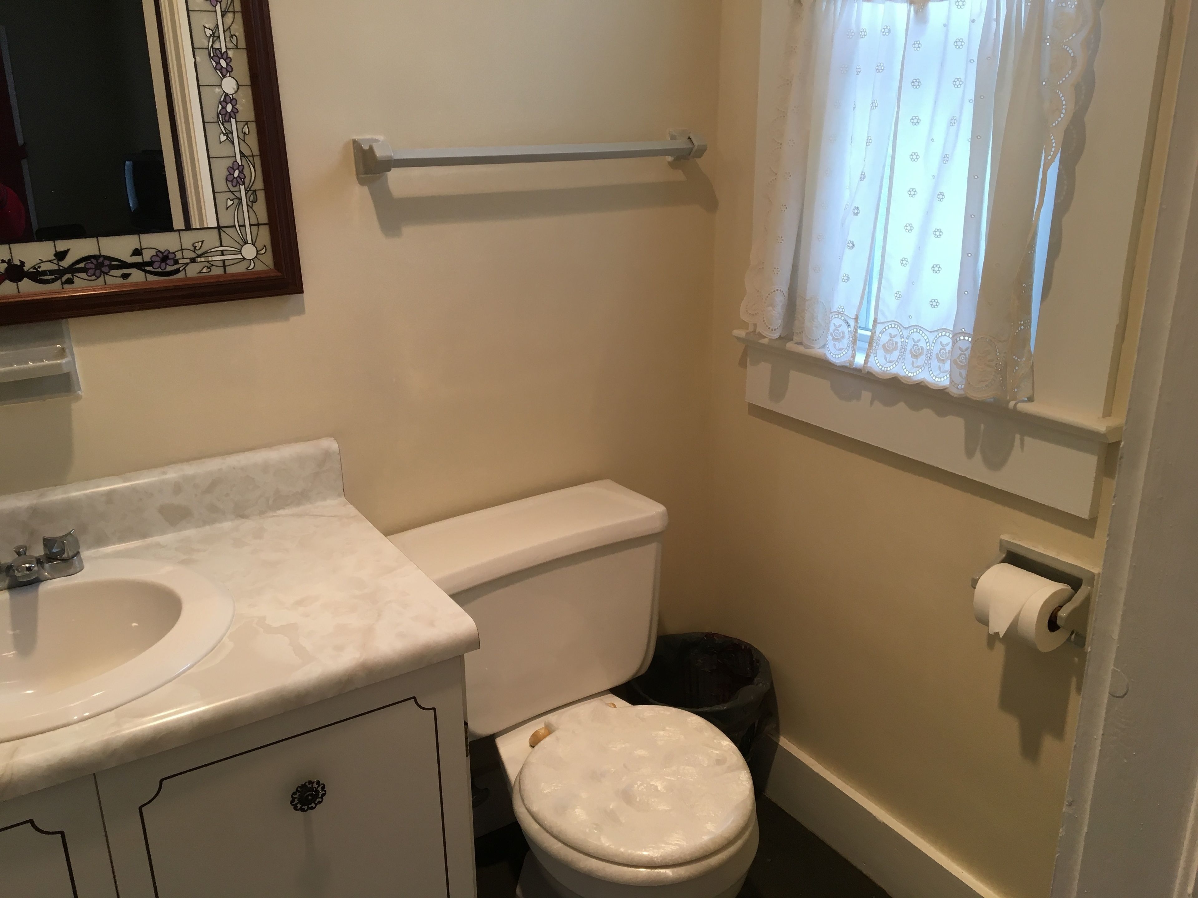 A small bathroom with a white sink, toilet, and window with lace curtains.
