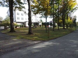 Un parque con árboles, un banco y un edificio al fondo.