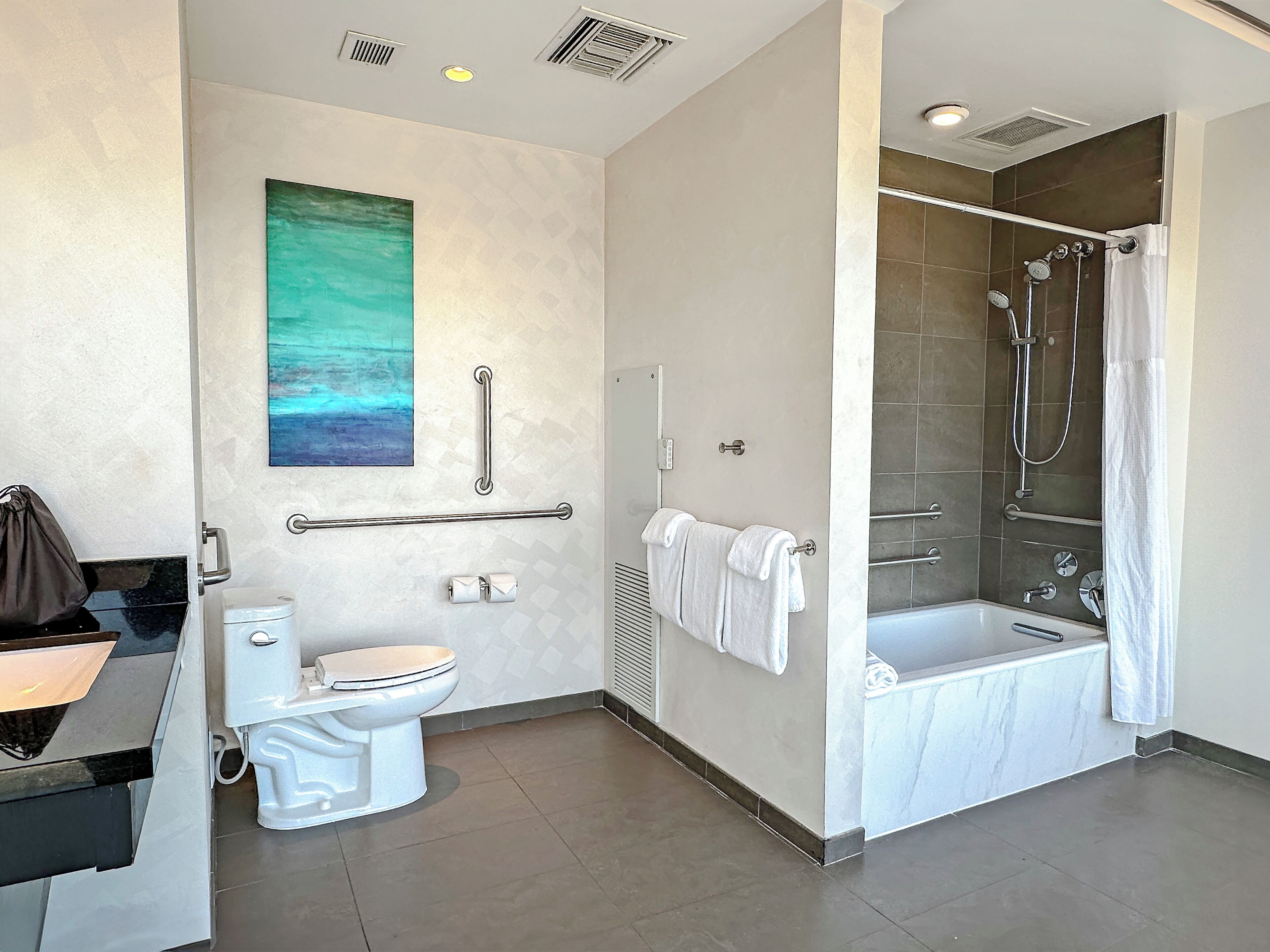 A modern bathroom with a toilet, bidet, shower, and bathtub.