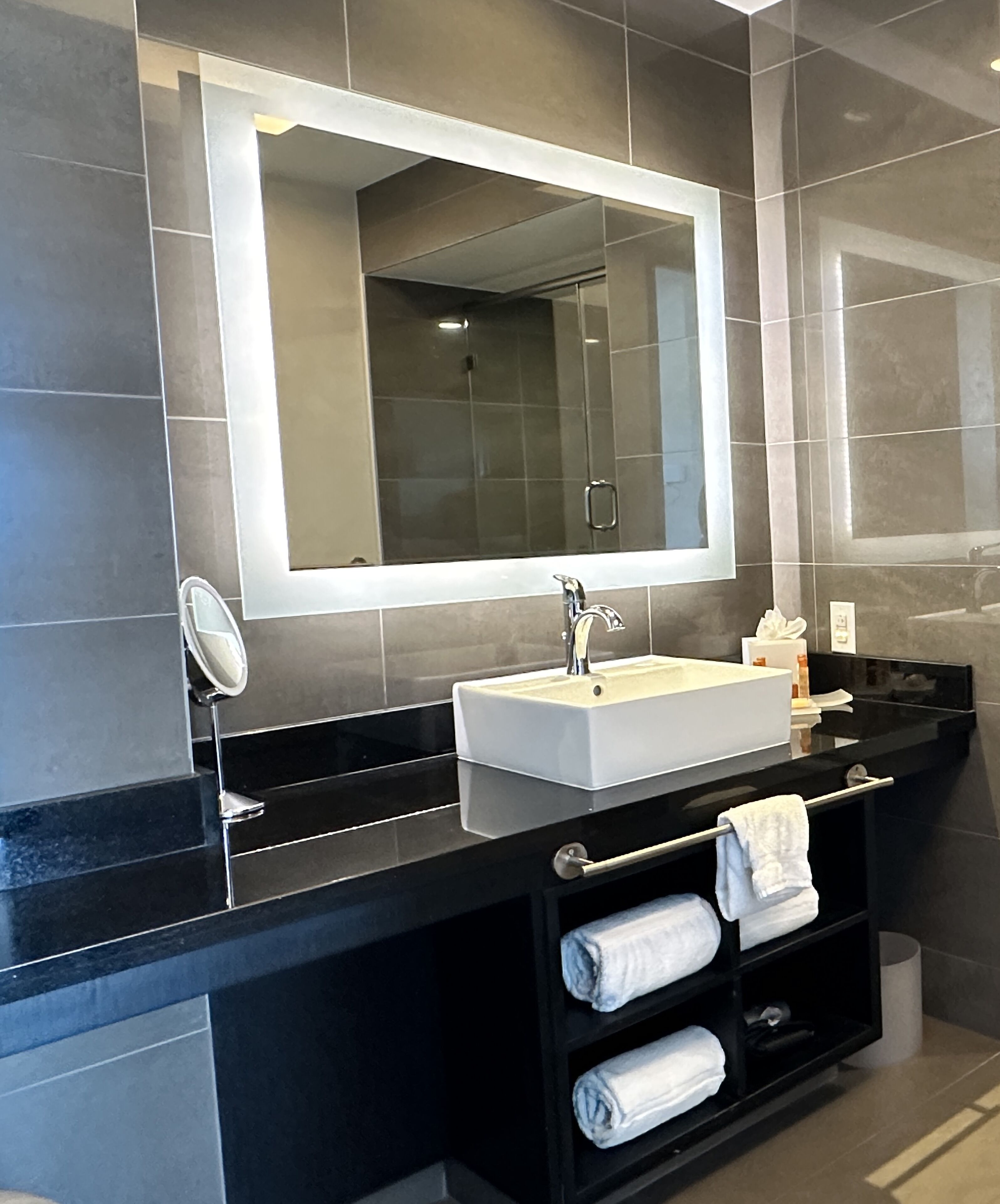 Une salle de bain moderne avec un meuble-lavabo noir, un lavabo blanc et un grand miroir.