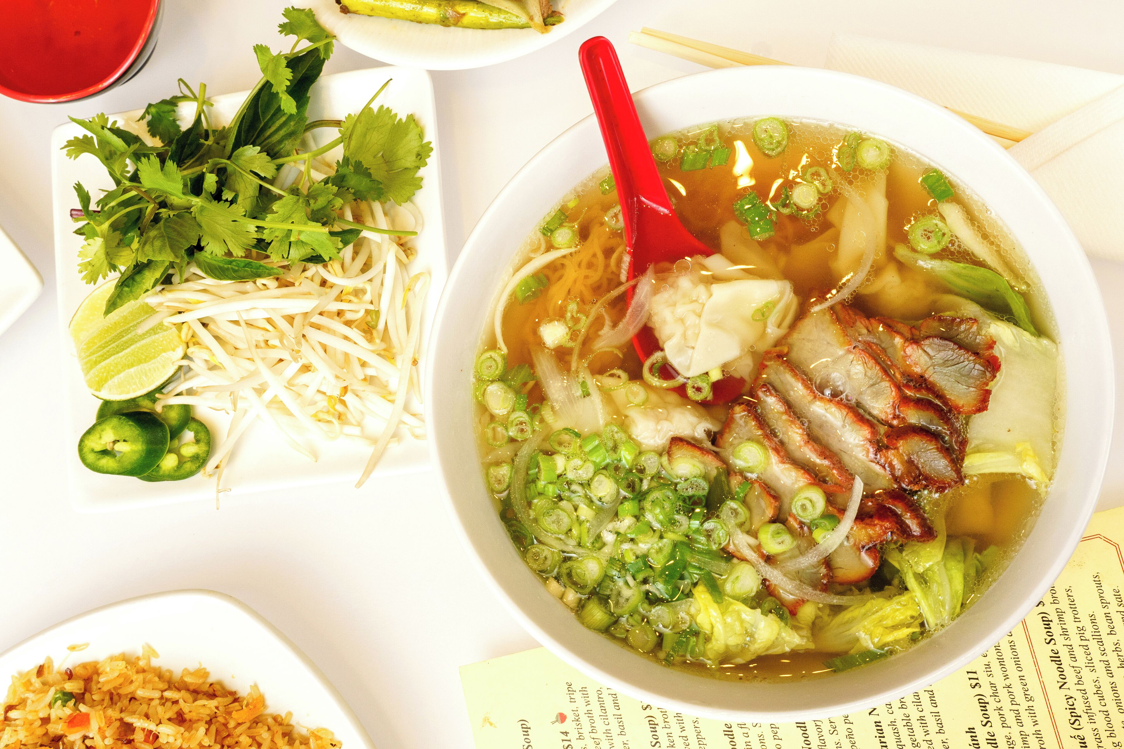 A bowl of soup with noodles, vegetables, and meat, accompanied by a plate of bean sprouts and cilantro.