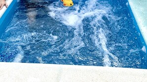 Ein Mann im Swimmingpool mit einer Quietscheente.