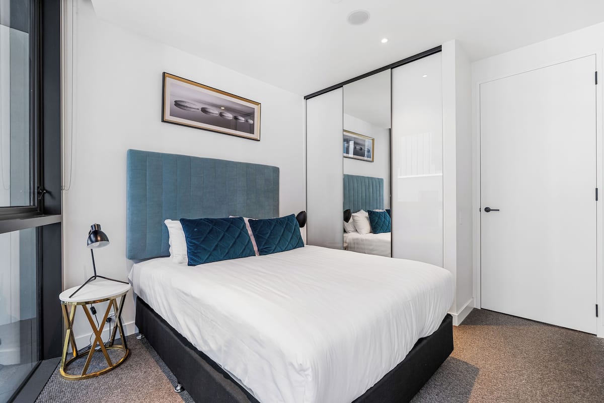 Desk, laptop workspace, blackout curtains, soundproofing