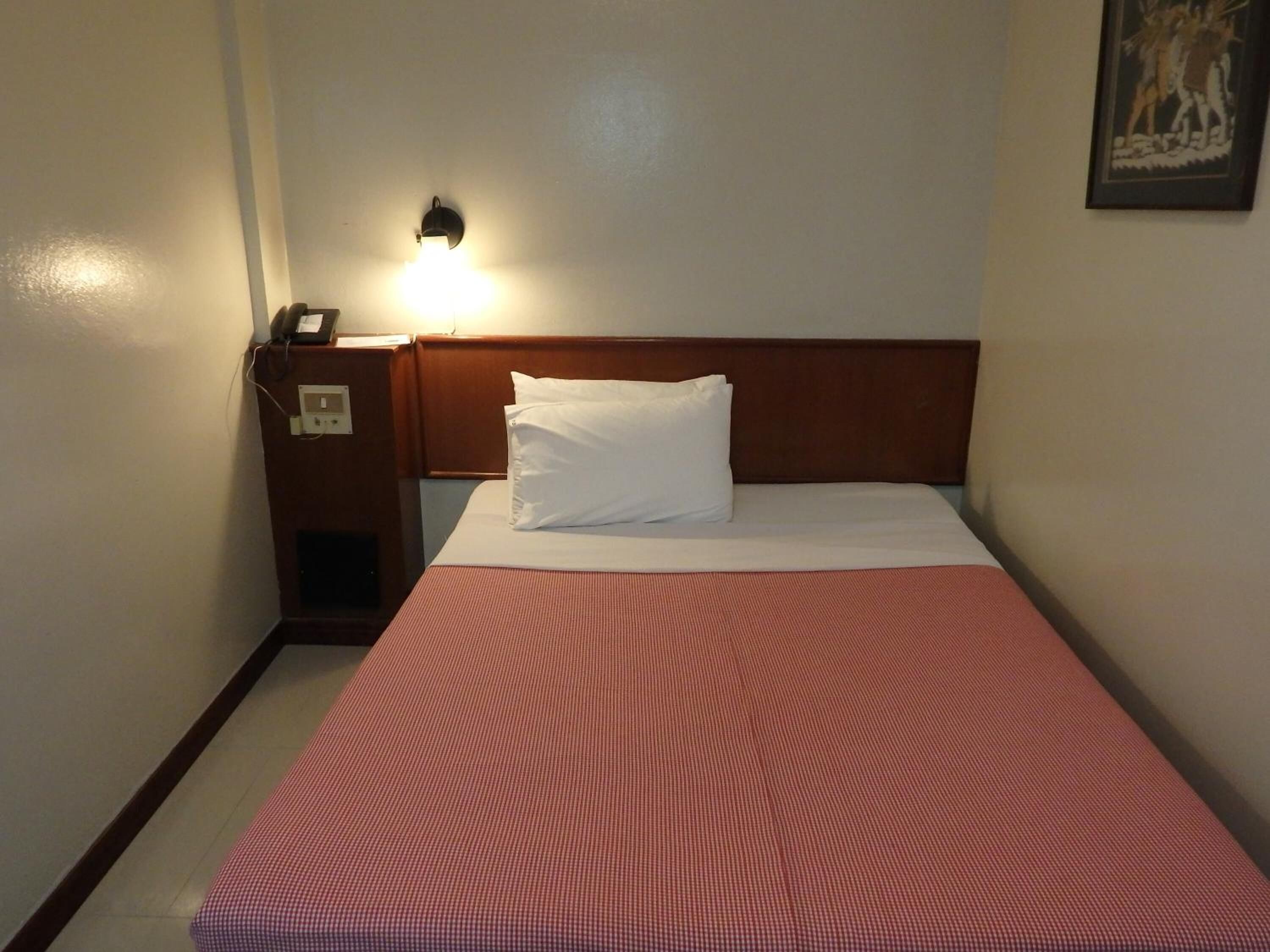Een eenpersoonsbed met een rode geruite spreidek en een wit kussen in een hotelkamer.