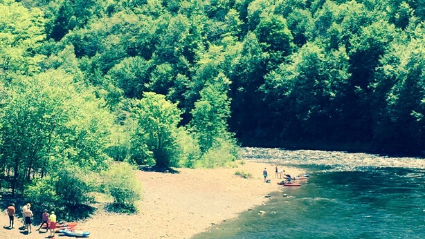 A riverbank with people and kayaks, surrounded by dense green forest.