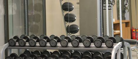 A weightlifting rack with various dumbbells arranged by weight.