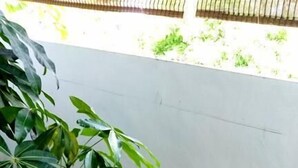 Uma cadeira de madeira com encosto curvo e base de madeira, colocada sobre um piso de azulejos.