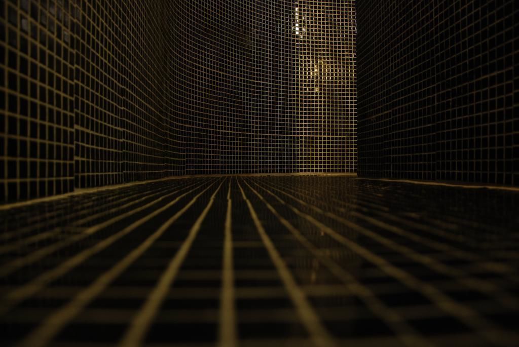 A close-up of a grid-like structure, possibly a part of a building's interior design.
