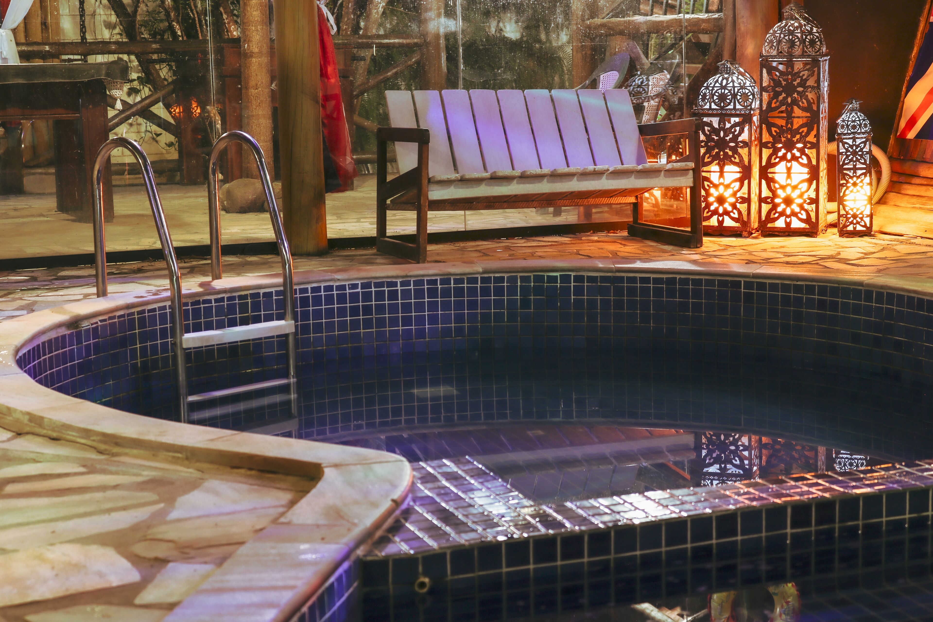 indoor pool, outdoor pool, pool loungers