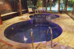 Indoor pool, outdoor pool, pool loungers