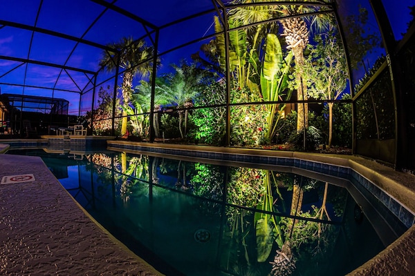 Beautiful pool area with the only landscape lighting in Windsor Palms
