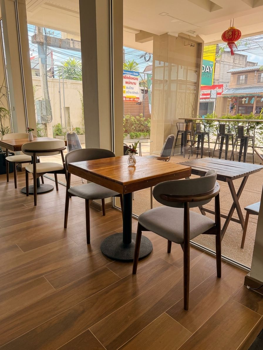 A restaurant interior with wooden tables and chairs, large windows, and a view of the street outside.