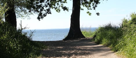 Nära stranden och solstolar