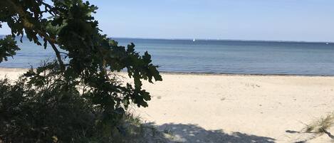 On the beach, sun loungers