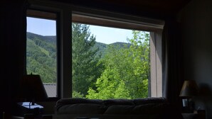 A room with a large window overlooking a forested hillside. - Wilderness Mountain Resort, Amazing Views In White Mountains On Kancamagus Hwy (Lincoln)