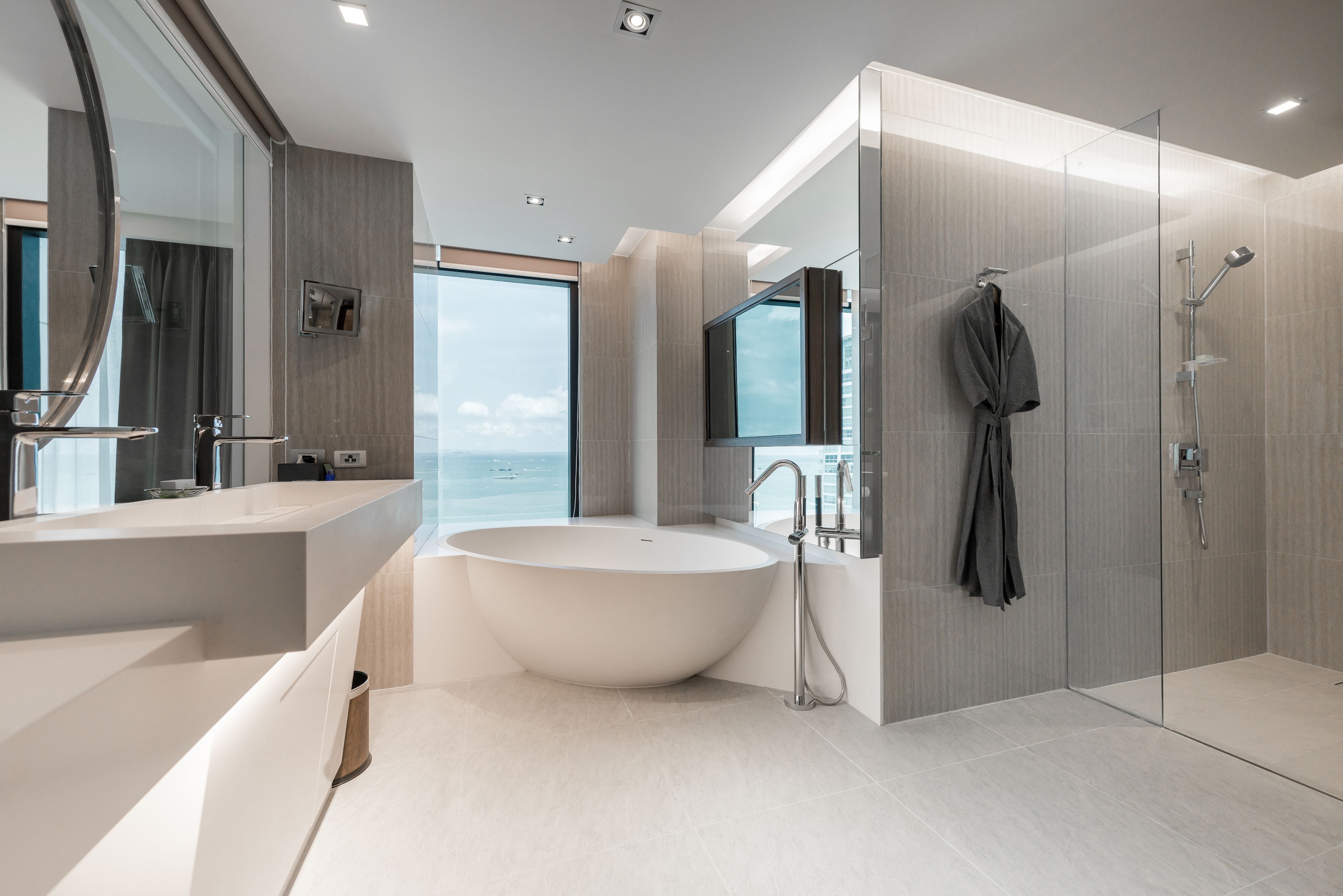 marina suite | bathroom | designer toiletries, hair dryer, bathrobes, slippers