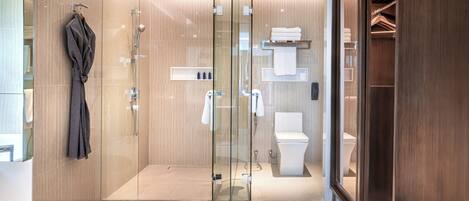 A modern bathroom with a glass shower enclosure, a toilet, and a walk-in closet with shelves.